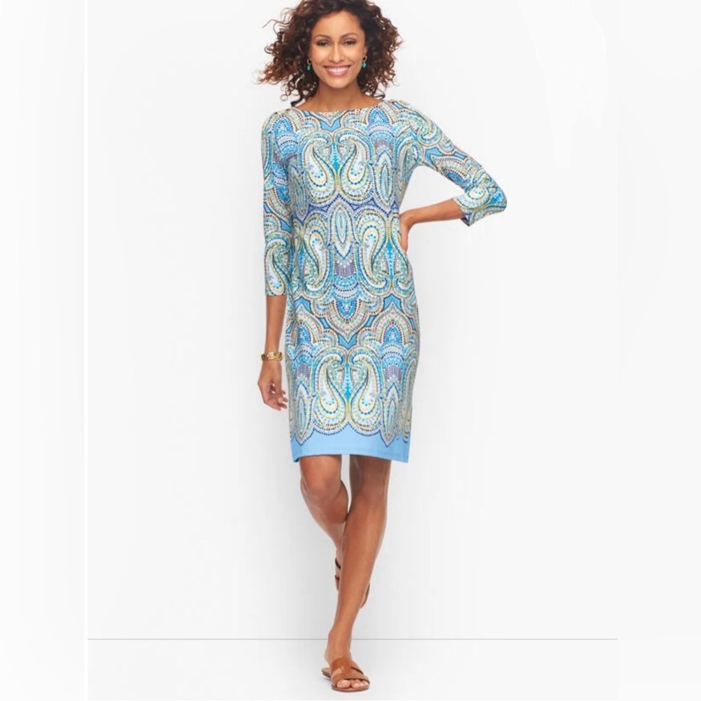Talbots Dotted Paisley Blue, Yellow, Peach Jersey Shift Dress w/Gold Buttons ~ M